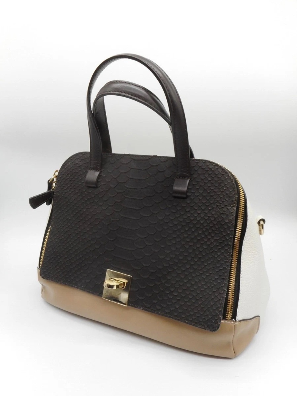 Furla Satchel Top Handle Bag Black/Beige Animal Print Zip Detachable Strap